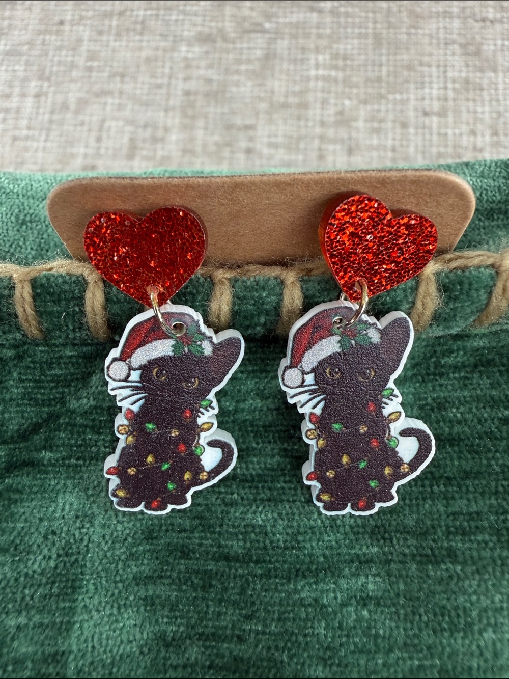 Festive Black Cat Christmas Earrings with Red Glitter Hearts
